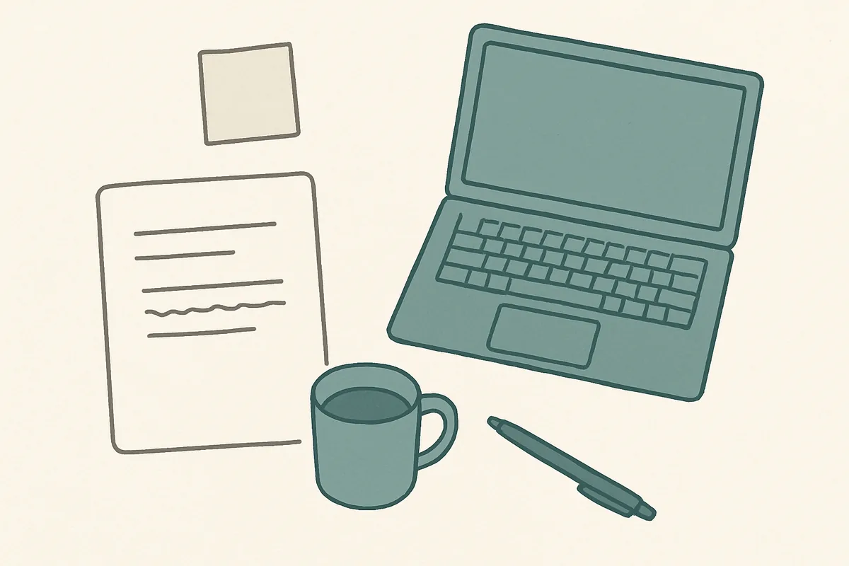 メールを書き終えたあとに、「この言い方、少しきつく聞こえるかもしれない」と手が止まることがあります。——記事の作業を机の上の物で表した挿絵
